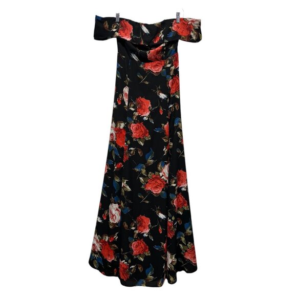 Lulus Black Red Floral Off The Shoulder Maxi Dress Zipper Small Size - Picture 4 of 10